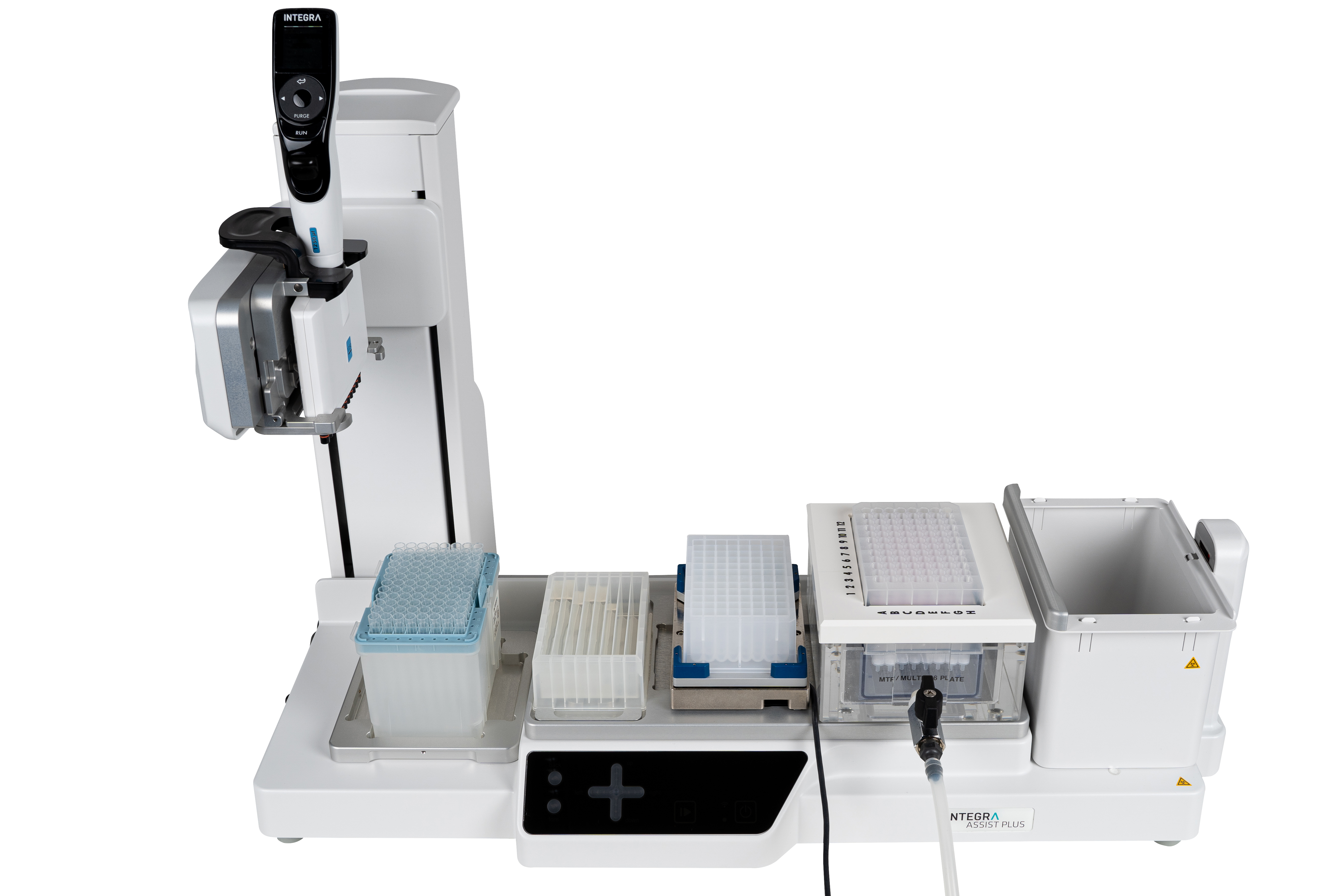 ASSIST PLUS pipetting robot with an 8 row reagent reservoir, a 96 square-well block on the Teleshake and MACHEREY-NAGEL's NucleoVac 96 Vacuum Manifold. 