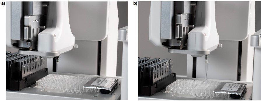 The D-ONE single channel pipetting module on the ASSIST PLUS pipetting robot transfers a) primary antibody and b) wash buffer to the Simple Western Jess plate.