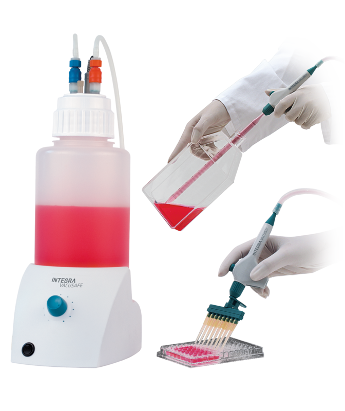 Scientist uses VACUSAFE aspiration system to aspirate red liquid from a variety of vessels