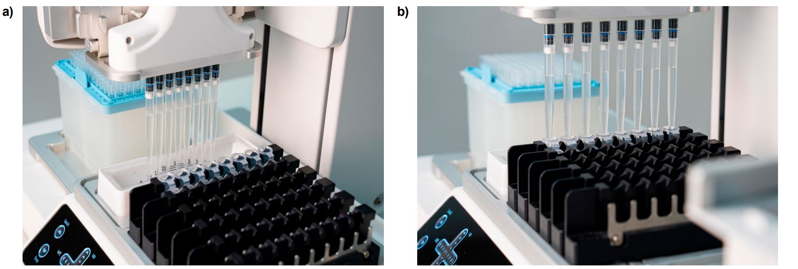 The ASSIST PLUS pipetting robot together with the 8 channel 1250 µl VOYAGER adjustable tip spacing pipette used for dissolving samples with DMSO from reagent reservoir in microcentrifuge tubes.