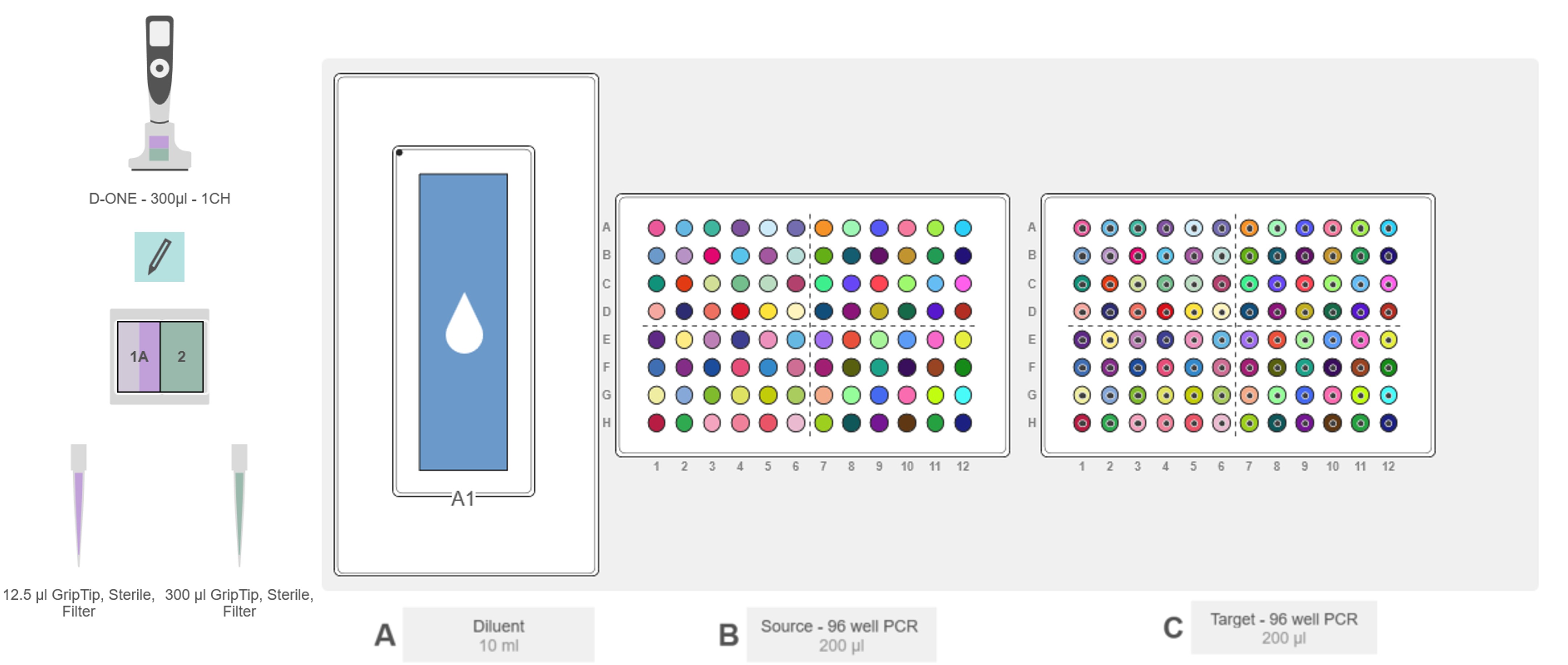 Graphical representation of the ASSIST PLUS pipetting robot deck set-up with the diluent, source and target plates, and the D-ONE single channel pipetting module. 