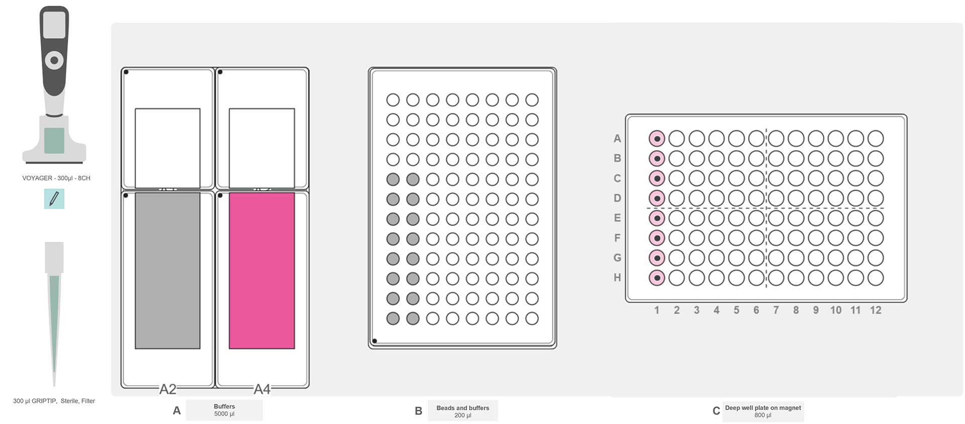 Graphical representation of the ASSIST PLUS pipetting robot deck set-up with the divided reservoir containing the washing buffer and a 96 well PCR plate containing the DNA to be purified.