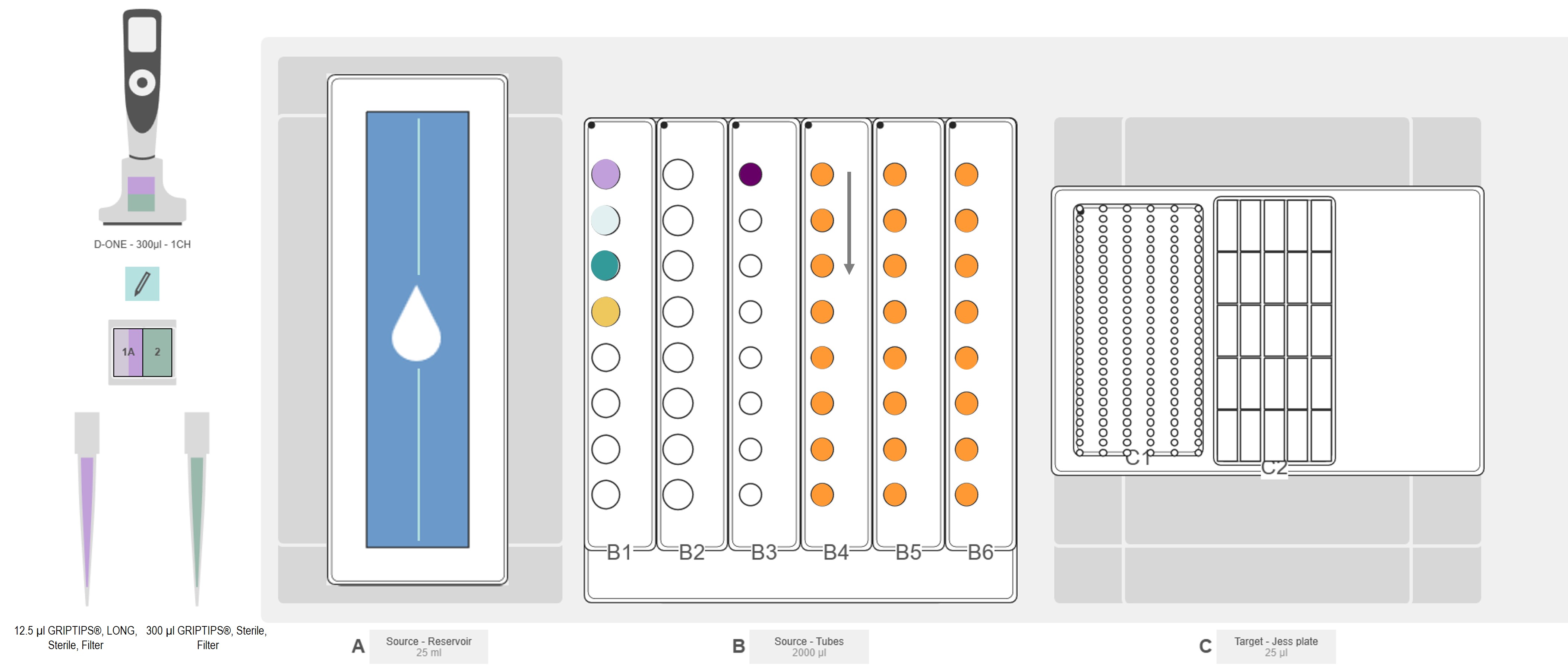 Graphical representation of the ASSIST PLUS pipetting robot deck set-up with INTEGRA 25 ml reservoir, INTEGRA tube rack, Simple Western Jess plate and D-ONE single channel pipetting module chemiluminescence analysis.