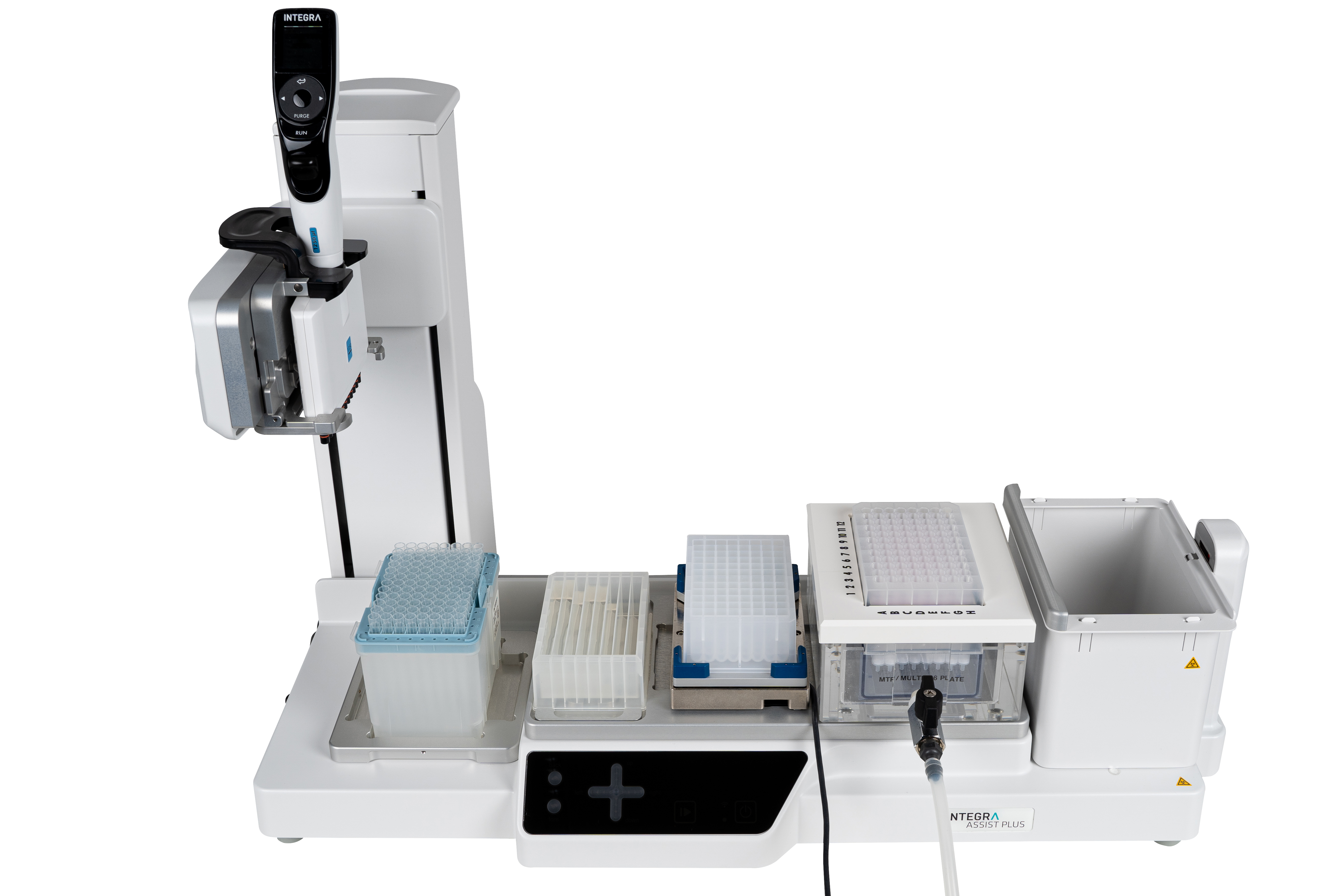 ASSIST PLUS pipetting robot with an 8 row reagent reservoir, a 96 square-well block on the Teleshake and MACHEREY-NAGEL's NucleoVac 96 Vacuum Manifold. 