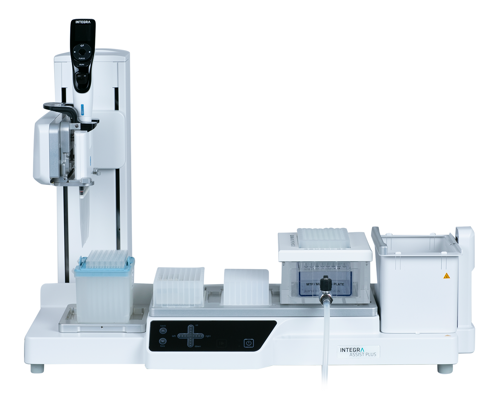 ASSIST PLUS pipetting robot with an 8 row reagent reservoir, a culture plate and MACHEREY-NAGEL's NucleoVac 96 Vacuum Manifold.
