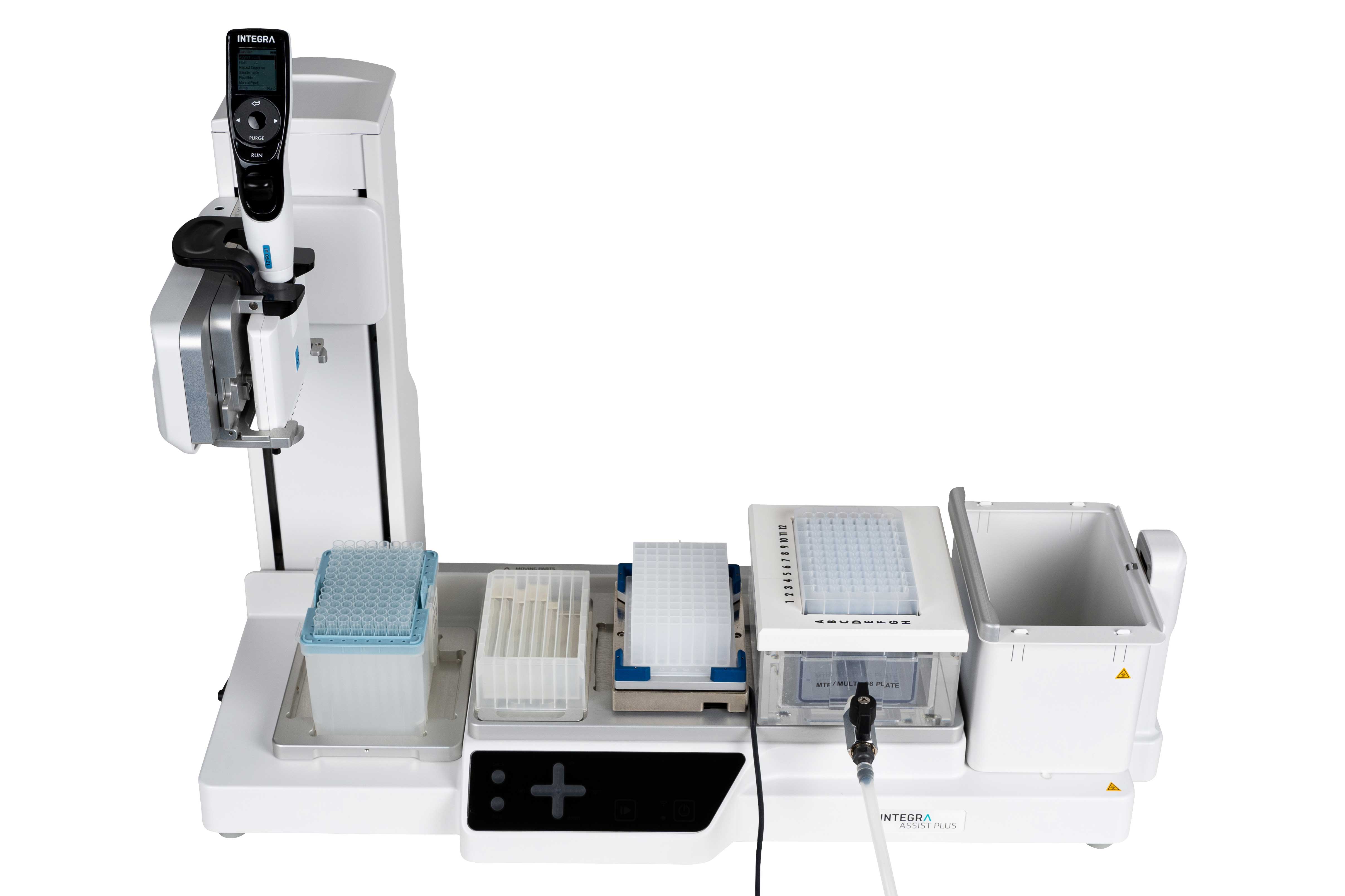 ASSIST PLUS pipetting robot with an 8 row reagent reservoir, a 96 well plate on the Teleshake and MACHEREY NAGEL NucleoVac 96 Vacuum Manifold.