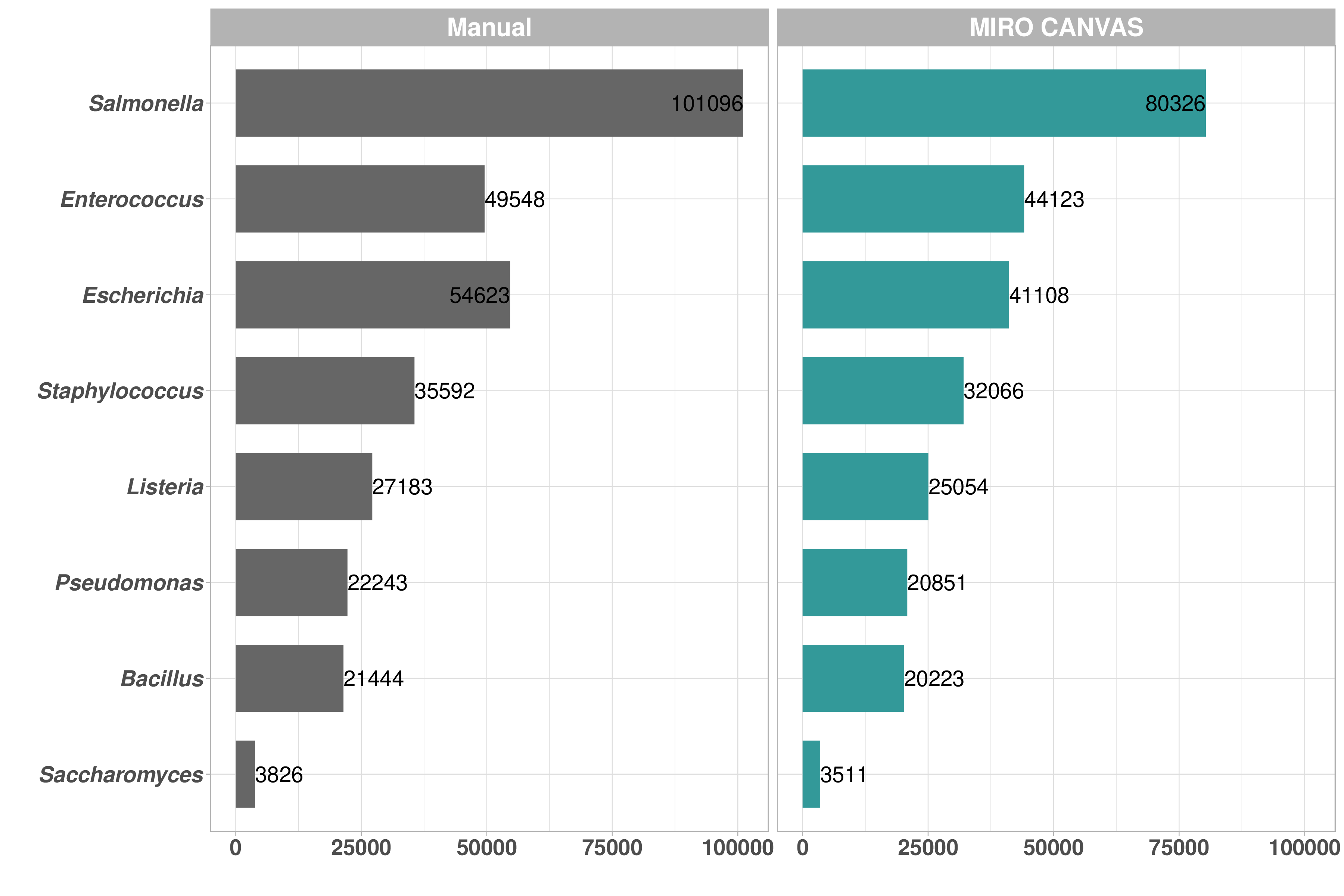 Comparison of cumulative read numbers for representative mock community per genus using libraries prepared manually and with automated NGS library preparation. All mock community members were identifiable in both the MIRO CANVAS and manual nanopore multiplexing results.
