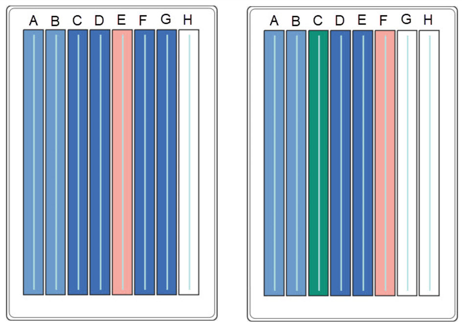 Graphical representation of the 8 row reagent reservoirs with the different buffers used for MACHEREY-NAGEL NucleoSpin 96 RNA isolation with the ASSIST PLUS pipetting robot.