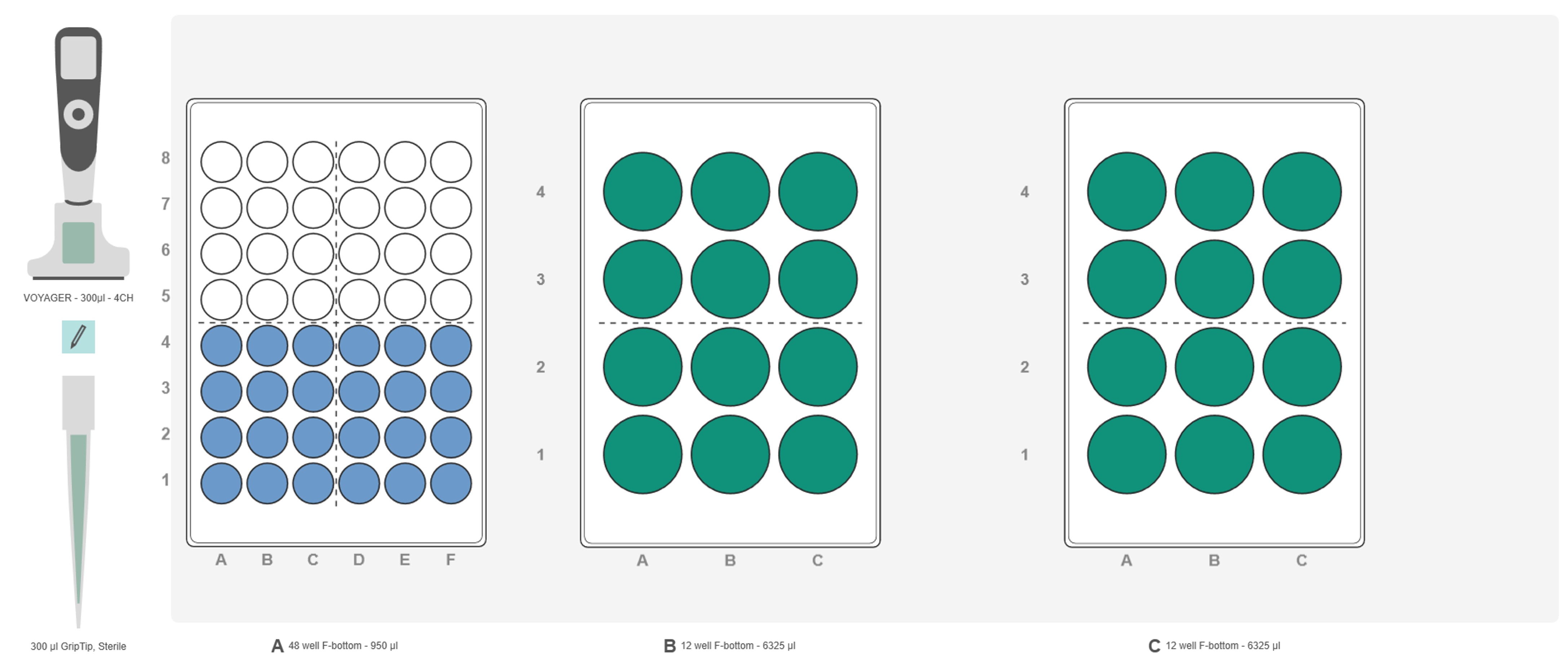 Graphical representation of the ASSIST PLUS pipetting robot deck set-up for sample transfer from a 48 well plate to two 12 well plates.