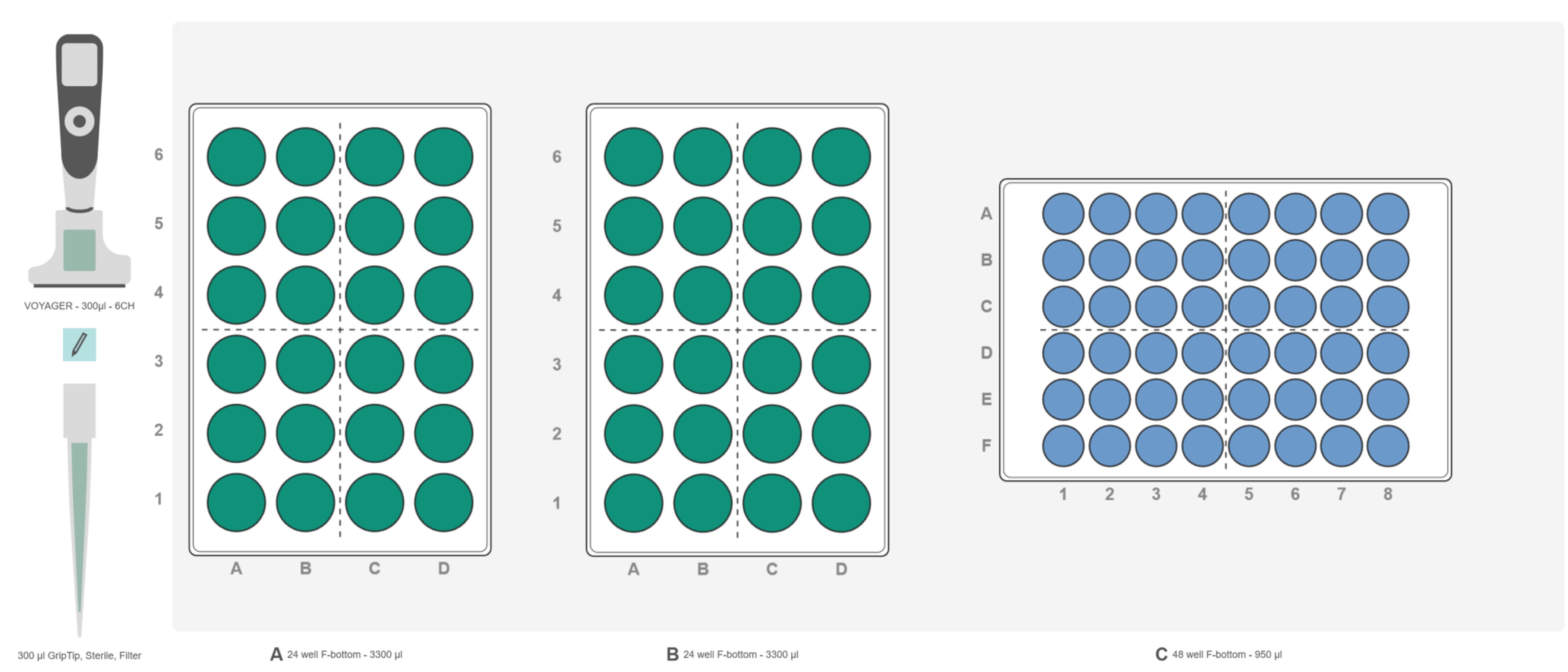 Graphical representation of the ASSIST PLUS pipetting robot deck set-up for sample transfer from a 48 well plate to two 24 well plates.