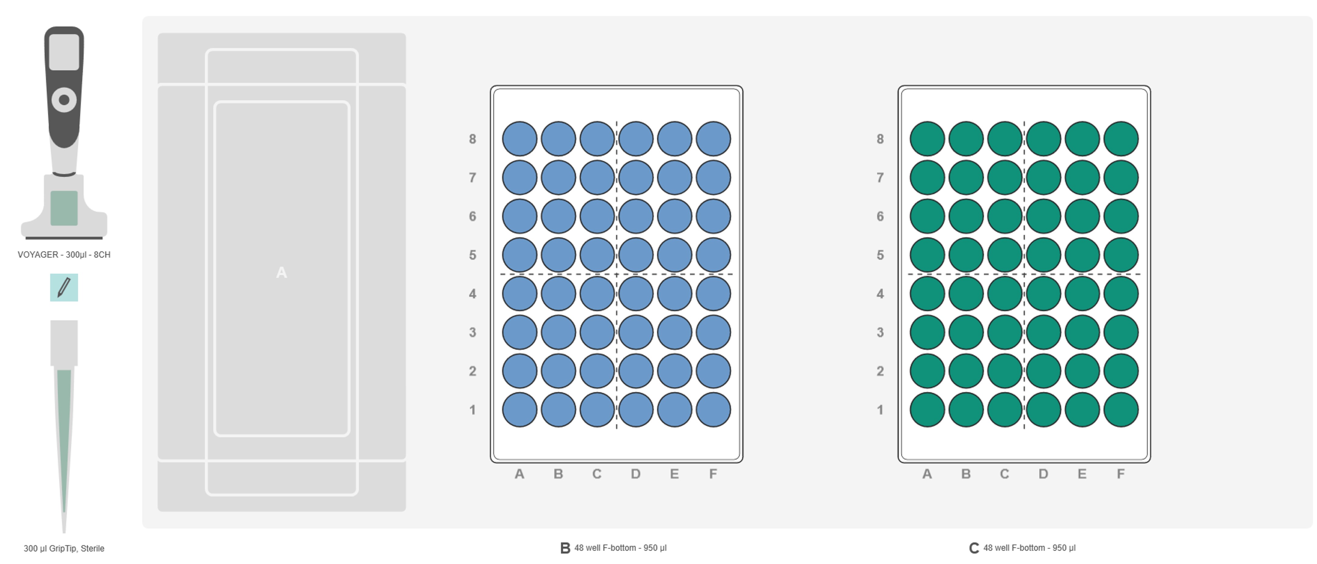 Graphical representation of the ASSIST PLUS pipetting robot deck set-up for sample transfer from a 48 well plate to another 48 well plate.