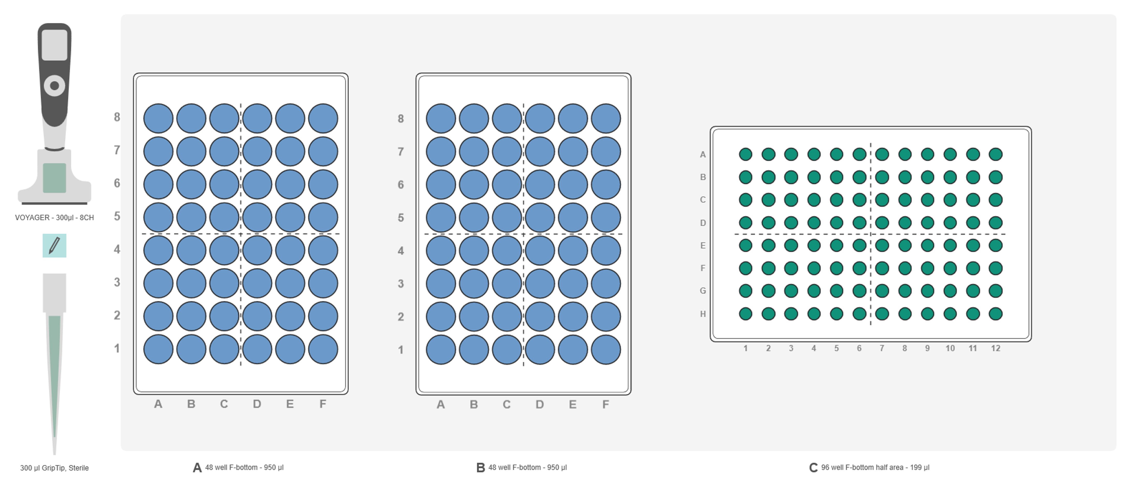 Graphical representation of the ASSIST PLUS pipetting robot deck set-up for sample transfer from two 48 well plates to a 96 well plate.