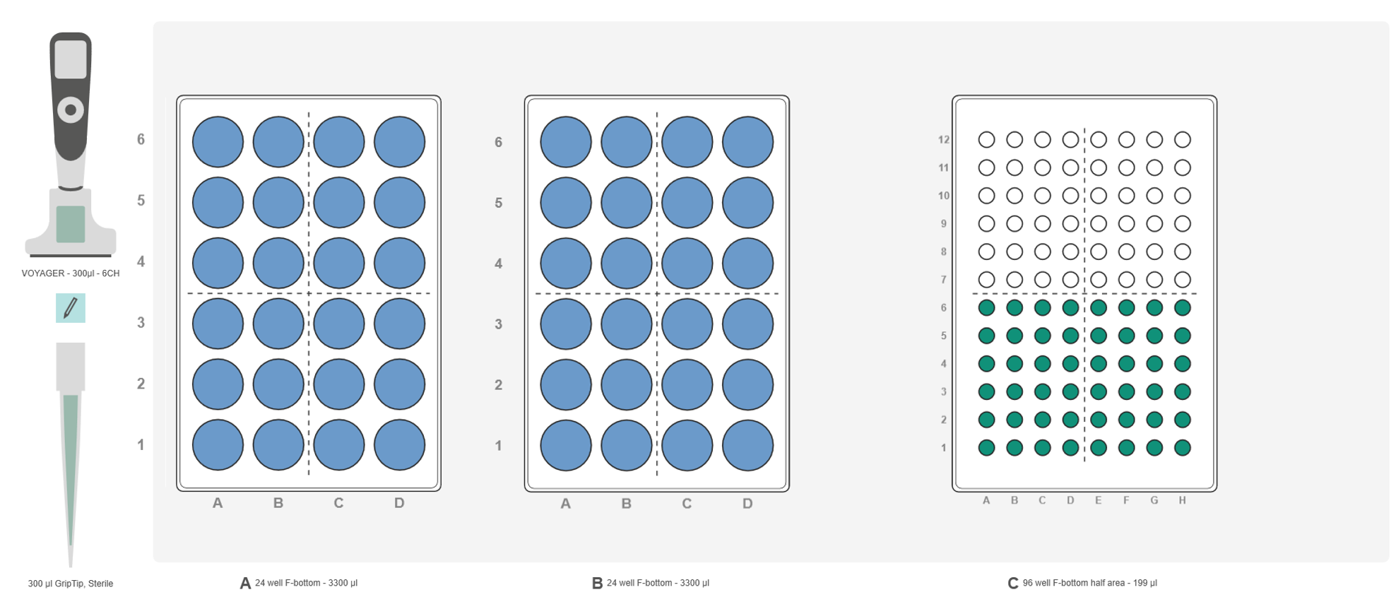 Graphical representation of the ASSIST PLUS pipetting robot deck set-up with a VOYAGER 4 channel electronic pipette.