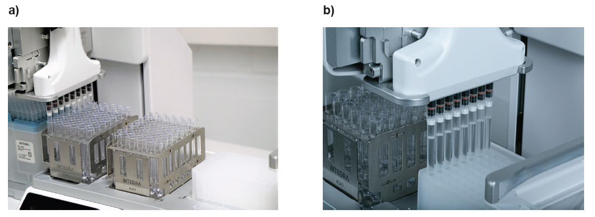 A close view about the ASSIST PLUS pipetting robot transferring samples from 5 ml test tubes to 96 deep well plate.