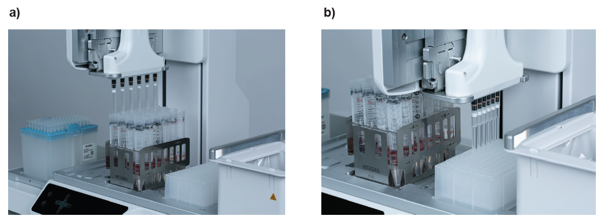 A close view about the ASSIST PLUS pipetting robot transferring samples from centrifuge tubes to 96 deep well plate.