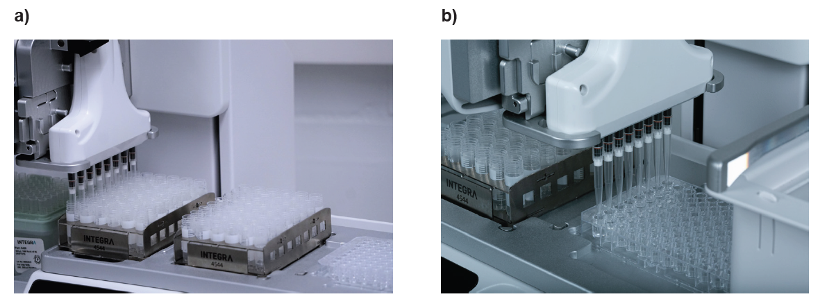 A close view about the ASSIST PLUS pipetting robot transferring samples from cryogenic tubes to 96 well flat bottom plate.