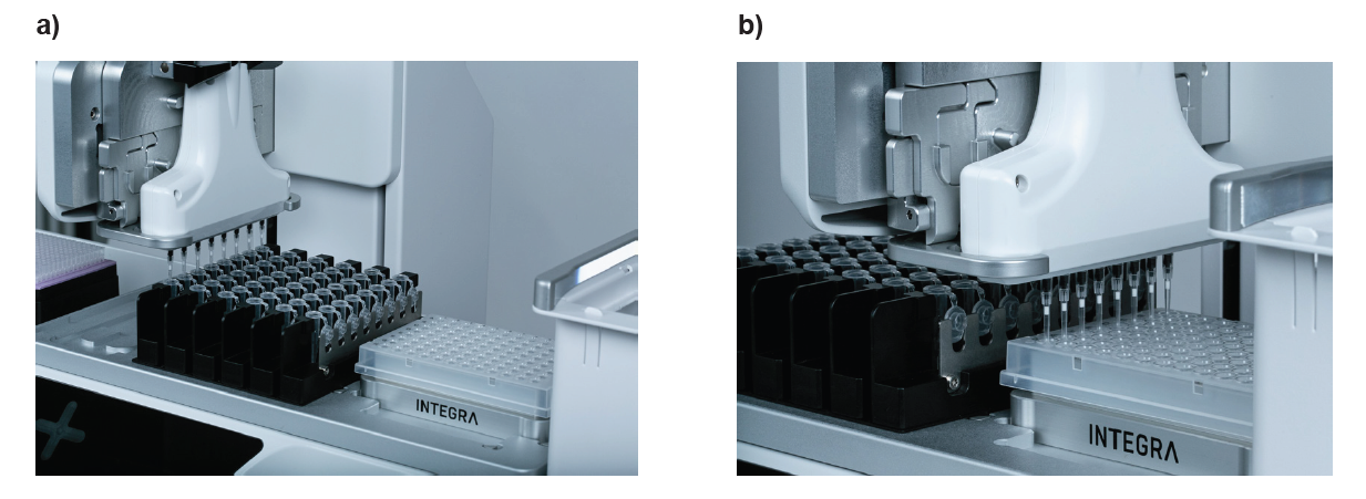 A close view about the ASSIST PLUS pipetting robot transferring samples from microcentrifuge tubes to 96 well PCR plate.