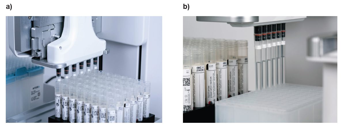 A close view about the ASSIST PLUS pipetting robot transferring samples from swab tubes to 96 deep well plate.