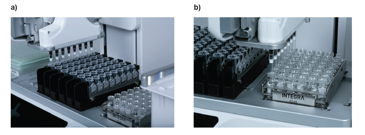 A close view about the ASSIST PLUS pipetting robot transferring samples from microcentrifuge tubes to HPLC vials.