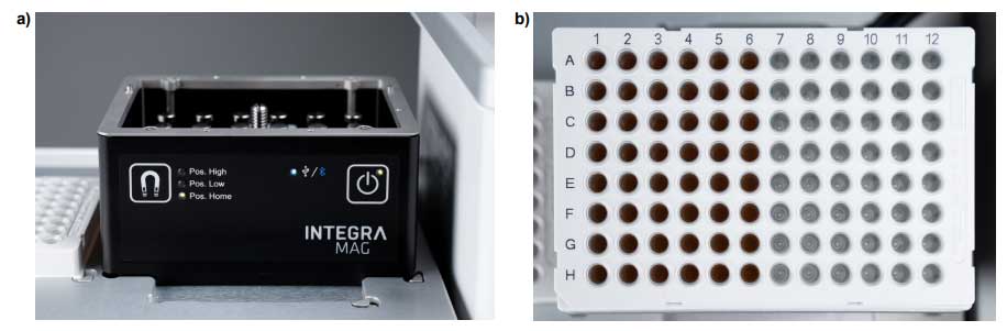 MAG on ASSIST PLUS (a) without PCR plate adapter showing disengaged magnet array (position home 0 mm) and (b) with 96 well PCR plate adapter and 96 well HardShell PCR plate showing uncaptured magnetic beads.
