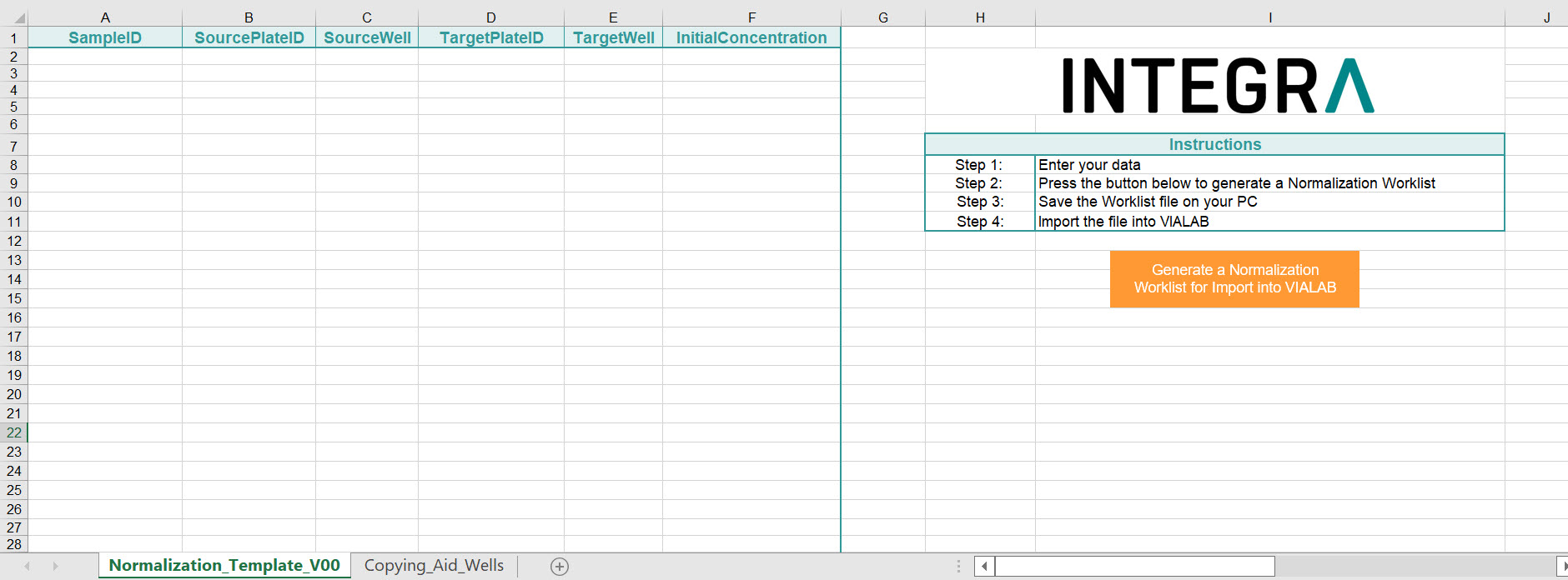 A worklist template with all the necessary parameters for sample normalization, such as sample ID, source plate ID, source well, target plate ID, target well and initial concentration. Also includes instructions for how the worklist template should be generated for VIALAB.