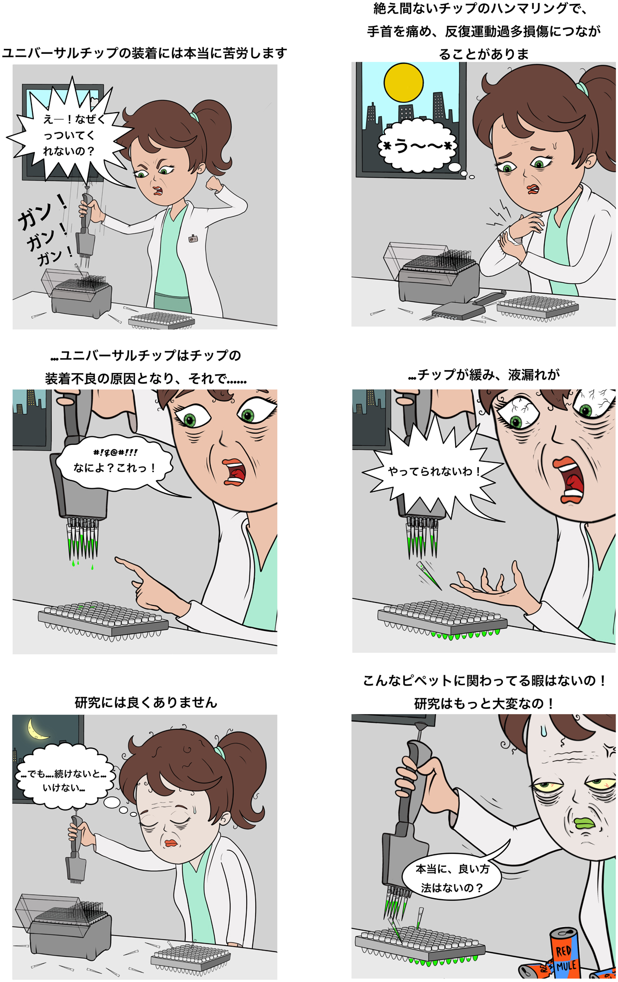 Cartoon of a scientist having problems with falling off universal pipette tips