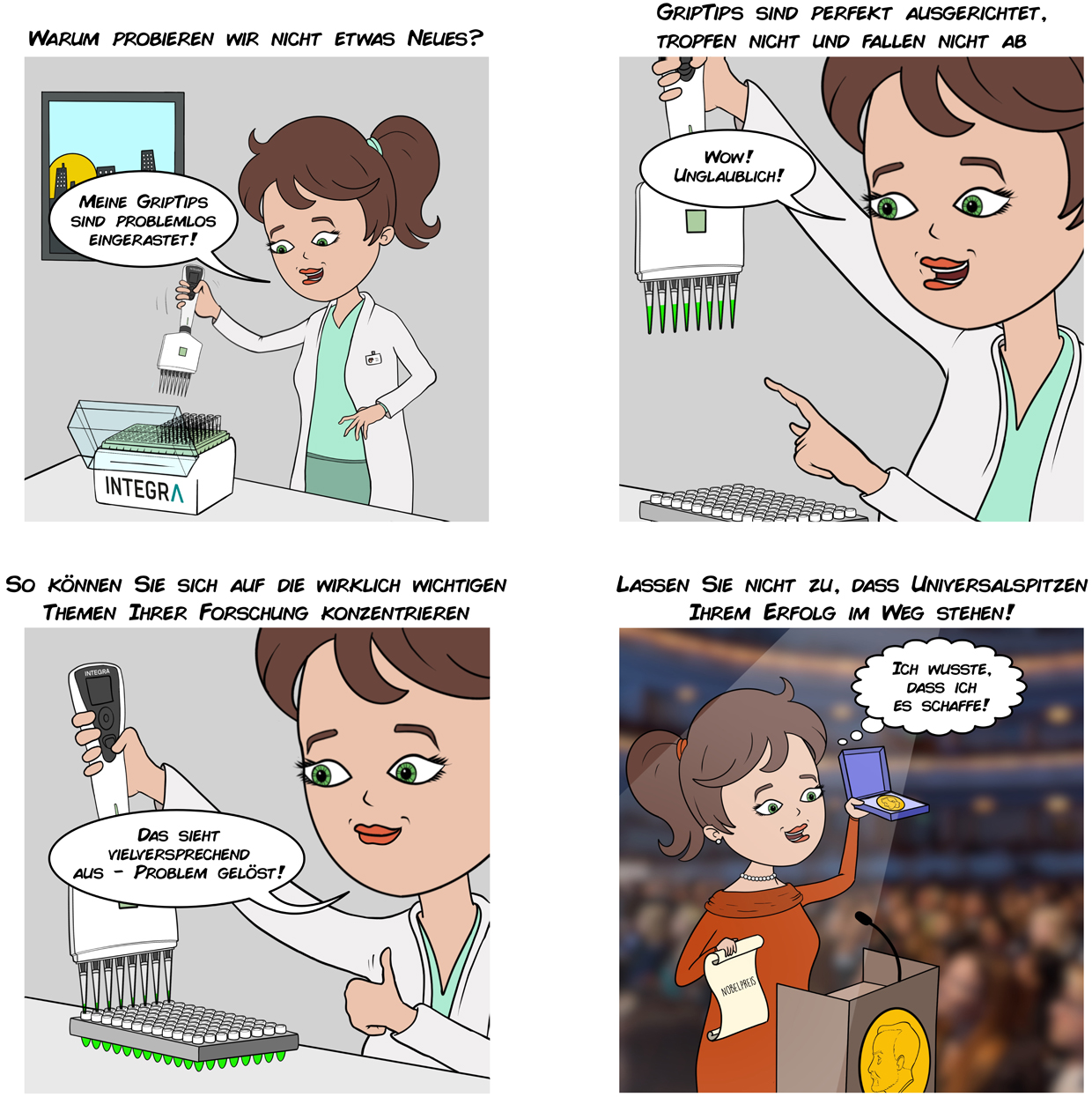 Comic einer Wissenschaftlerin, die mit GripTips-Pipettenspitzen arbeitet und den Nobelpreis gewinnt