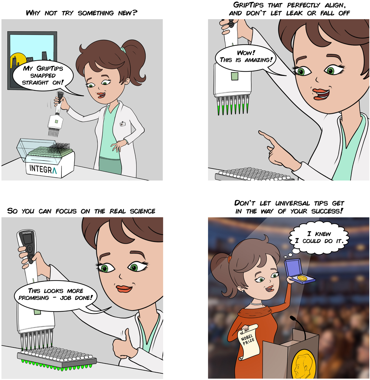 Cartoon of a scientist working with GripTip pipette tips and winning the nobel prize