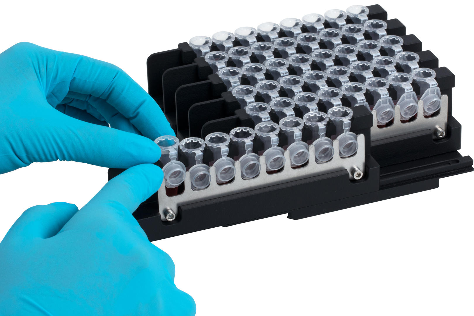 Scientist using the microcentrifuge tube rack for ASSIST PLUS automatic pipette.
