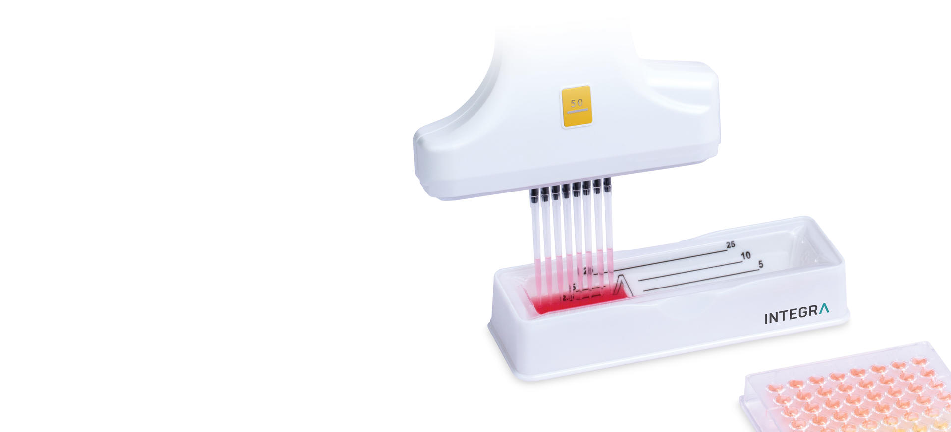 Divided reagent reservoir in combination with VOYAGER 8-channel adustable tip spacing pipette