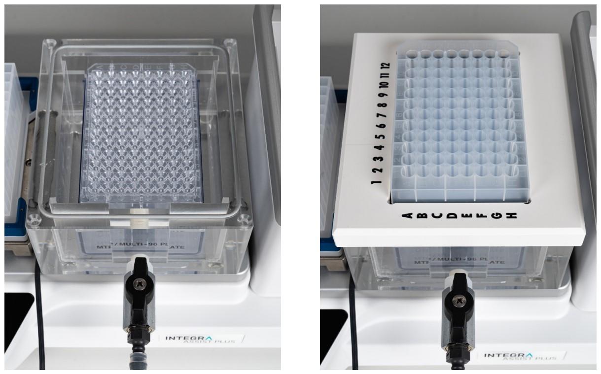  MACHEREY-NAGEL NucleoVac 96 Vacuum Manifold set-up, first with the elution plate and then with the binding plate.
