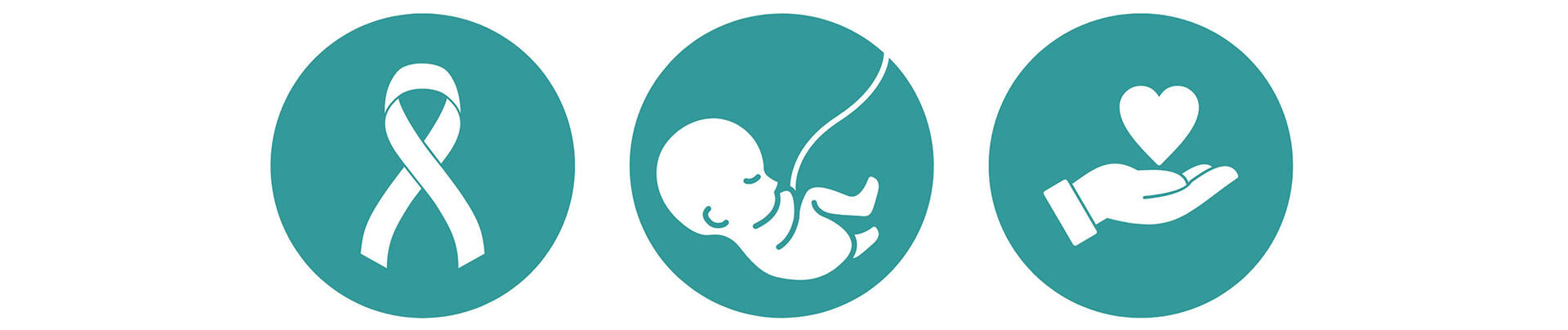 White cancer ribbon, fetus and hand with heart in green circles to illustrate the applications of cfDNA testing