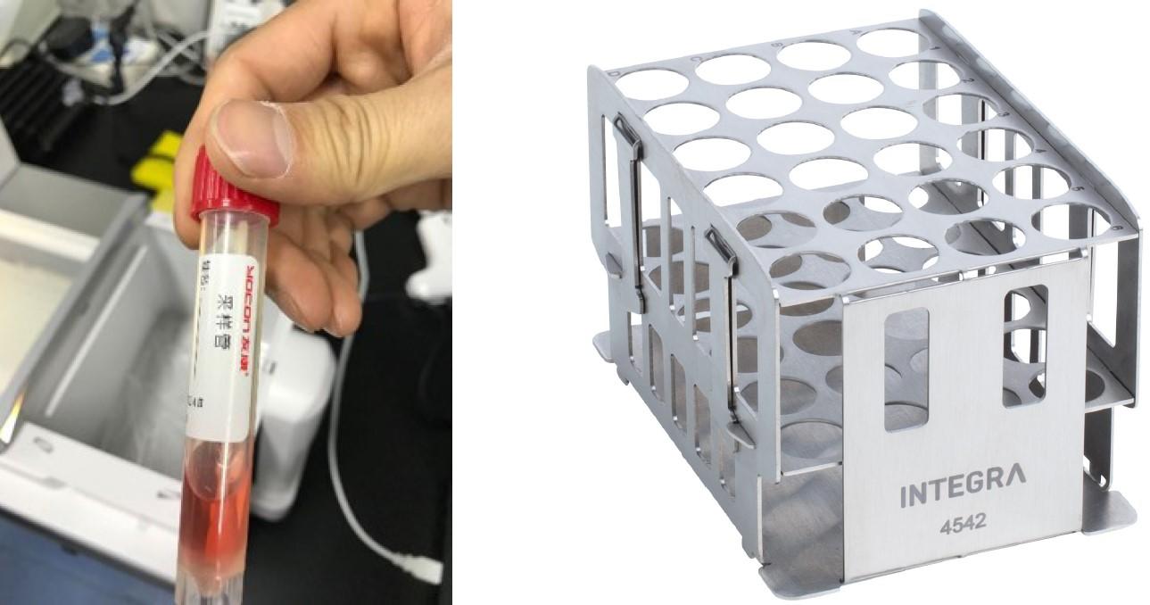 Figure 1: An example of a tube containing a nasopharyngeal/oropharyngeal flocked swab before NAE (left) and an INTEGRA rack for 15 ml tubes (right).