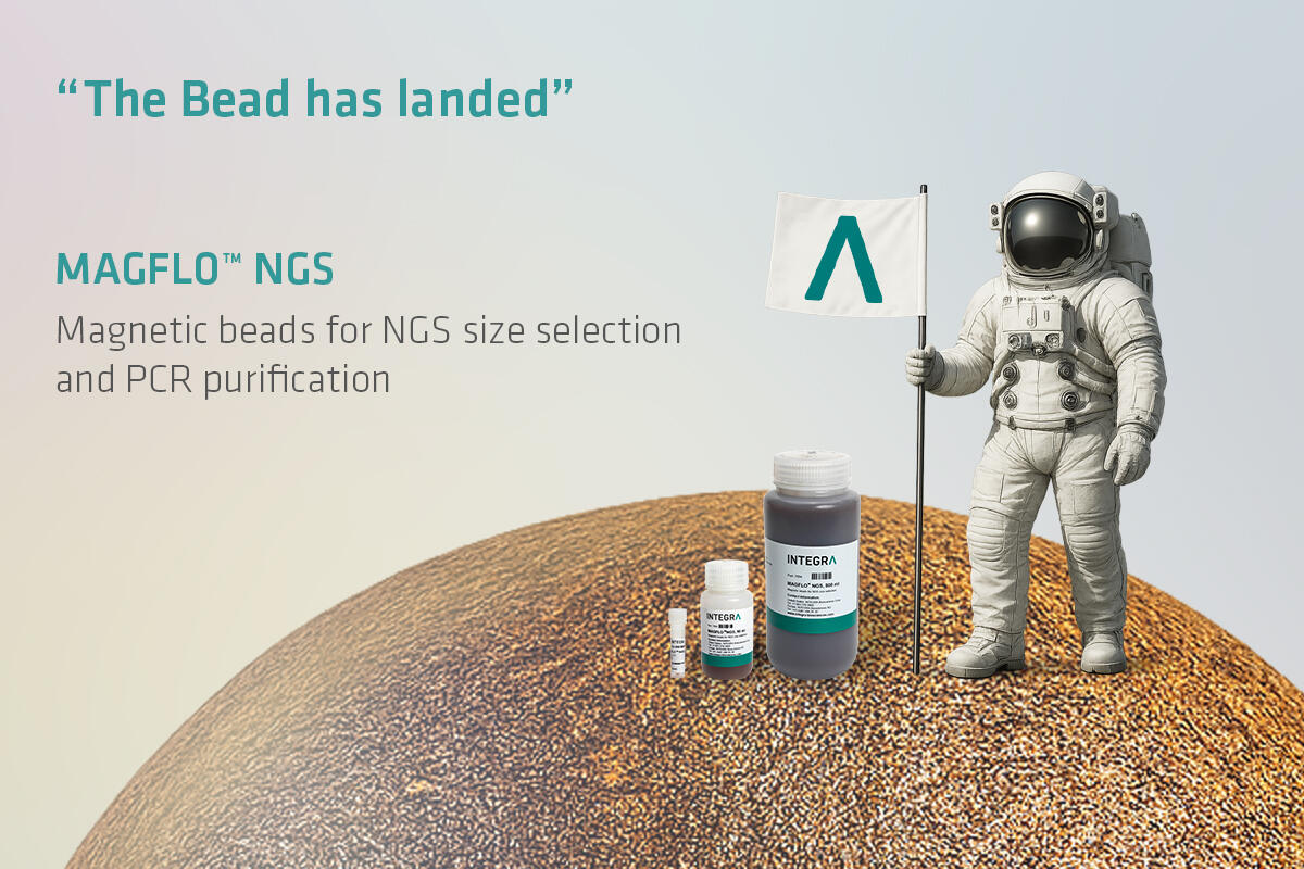 Astronaut holding an INTEGRA flag beside MAGFLO™ NGS bead bottles with the text ‘The Bead has landed’, promoting magnetic beads for NGS size selection and PCR purification.