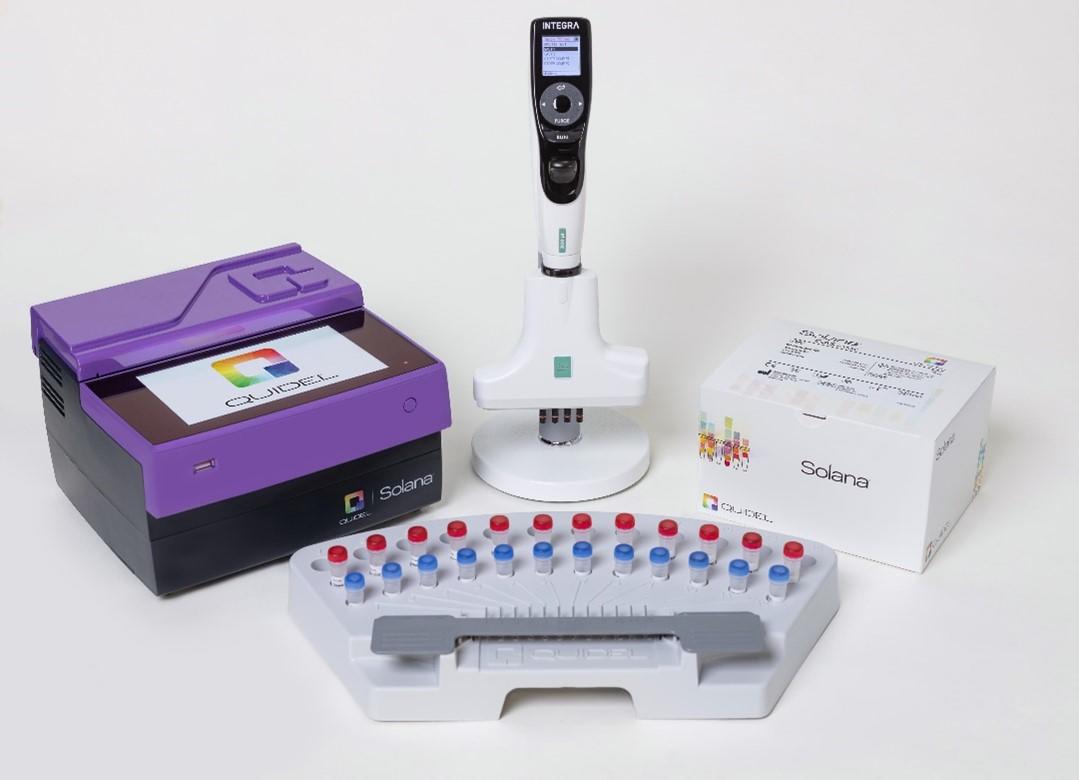 Quidel Solana instrument, Solana GAS assay, Solana workflow tray completed with INTEGRA's 4 channel adjustable tip spacing pipette.