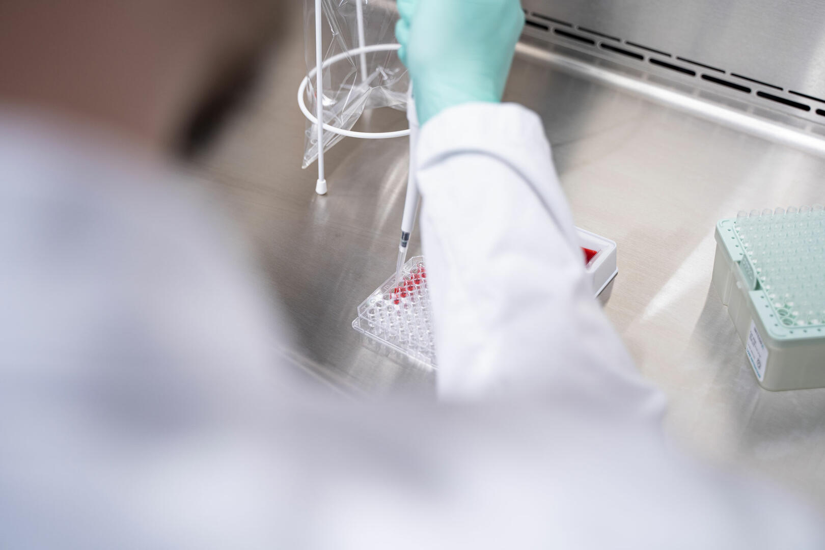 Scientist using a single channel pipette to fill a 96 well plate