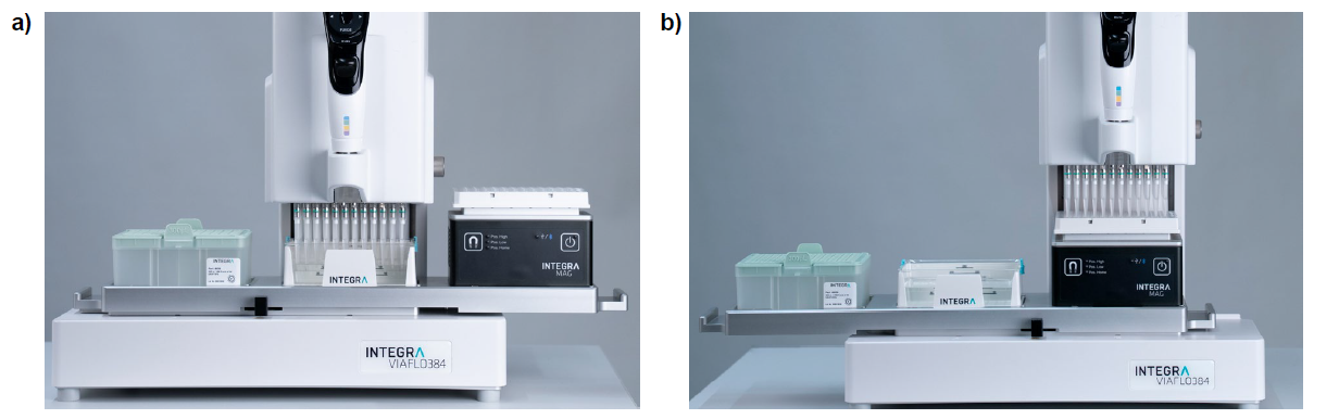 VIAFLO 384 transferring 80 % ethanol from (a) the 300 ml automation-friendly reagent reservoir on position A/B-B to (b) the processing plate on MAG position B.