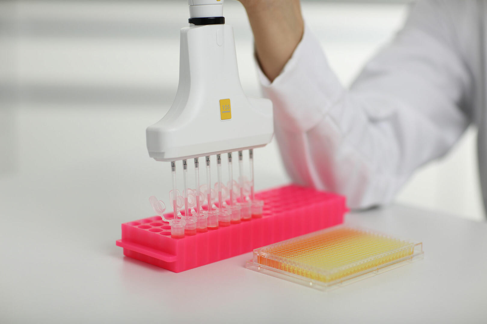 VOYAGER adjustable tip spacing multichannel micropipette used for tube to plate reformatting