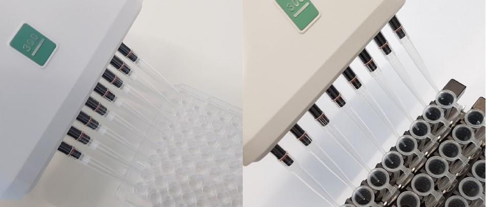 Adjust the tip spacing by aligning it against the empty 96 well plate and tube rack.