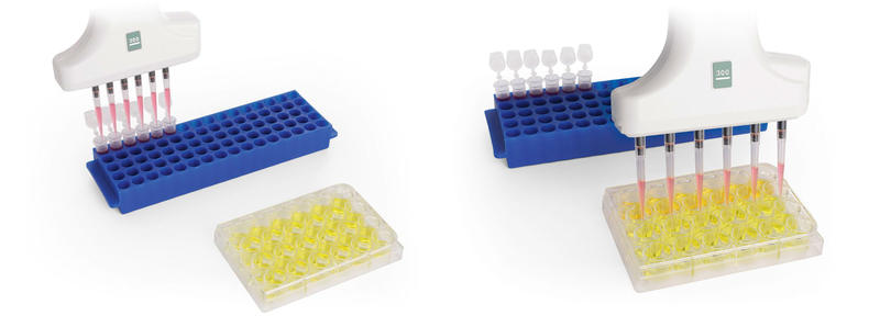 Sample transfers from tube racks to microplates using a VOYAGER adjustable spacer pipette.