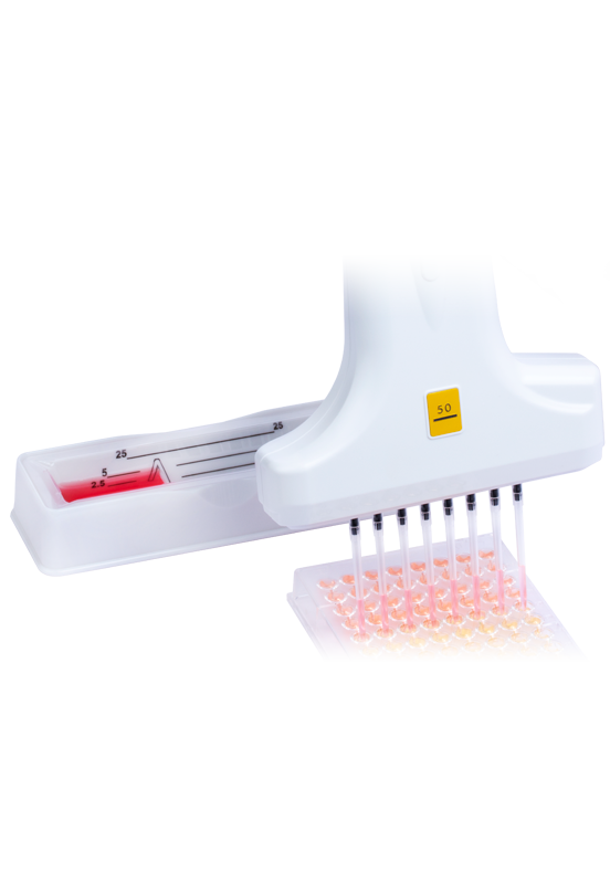 8 channel VOYAGER tip spacing pipette in combination with divided reservoir