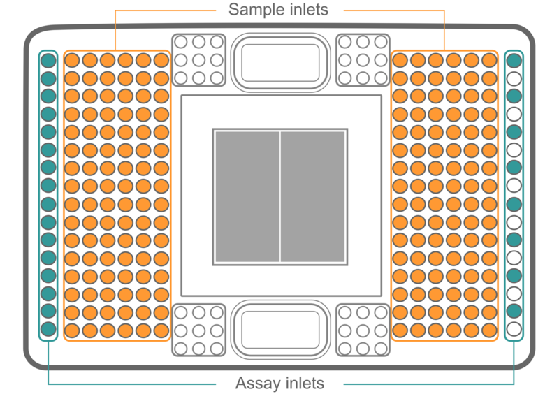 Graphical representation of Fluidigm 192.24 Dynamic Array IFC with the sample and assay inlets.