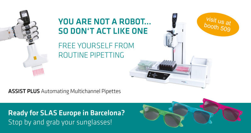 Ad for ASSIST PLUS pipetting robot at SLAS Europe 2019