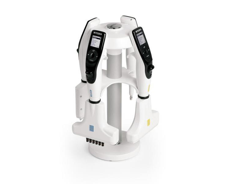 INTEGRA electronic pipettes on a charging stand