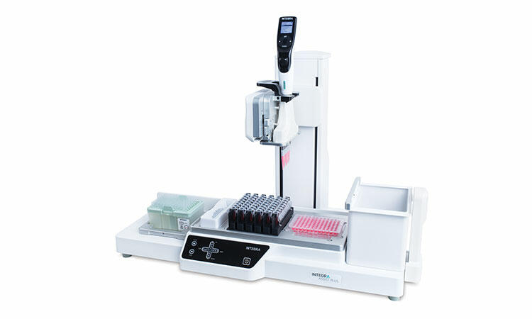 ASSIST PLUS pipetting robot with three deck positions, showing a 96 deep well plate, an INTEGRA rack for swab tubes, GRIPTIPS and the VOYAGER adjustable tip spacing pipette.