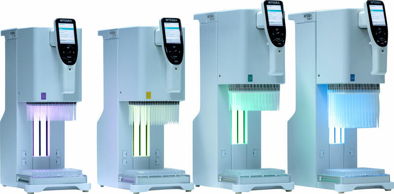 MINI 96 portable electronic pipettes with varying volume ranges