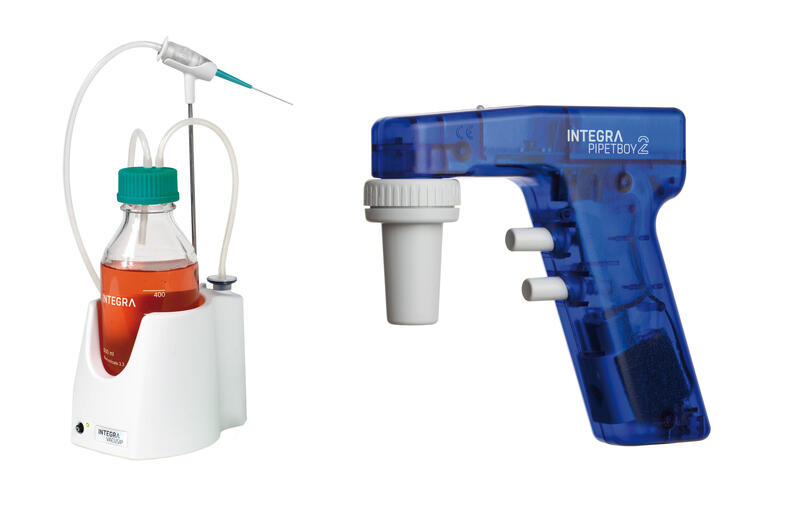 The VACUSIP allows precise removal of small volumes of liquid waste, and the PIPETBOY enables fast and comfortable pipetting.