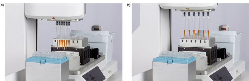 The ASSIST PLUS and VOYAGER transfer Blood DNA Particle Solution containing magnetic beads from the INTEGRA DWP into tubes containing lysed whole blood on the HEATMAG module.