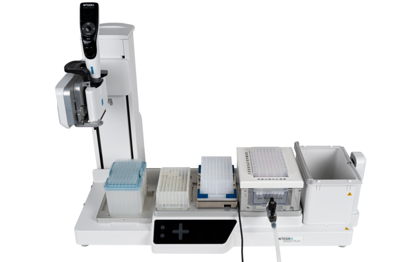 ASSIST PLUS pipetting robot with an 8 row reagent reservoir, a 96 square-well block on the Teleshake and MACHEREY-NAGEL's NucleoVac 96 Vacuum Manifold.