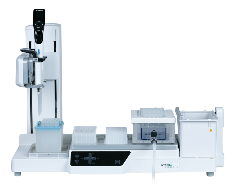 ASSIST PLUS pipetting robot with an 8 row reagent reservoir, a culture plate and MACHEREY-NAGEL's NucleoVac 96 Vacuum Manifold.